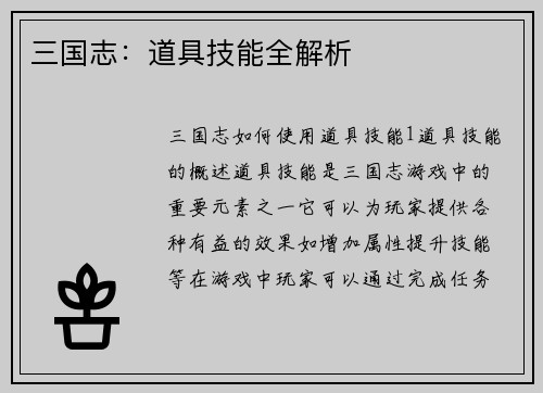 三国志：道具技能全解析